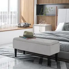 HOMCOM 57L Storage Ottoman, End of Bed Bench with Wooden Legs, Fabric Footstool for Living Room, Bedroom, 95 x 38 x 45cm, Grey - 2