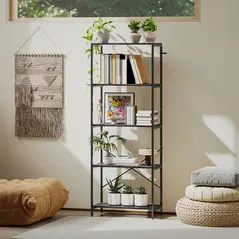 HOMCOM 5-Tier Bookshelf, Industrial Bookcase with Metal Frame - Dark Grey and Black - 8