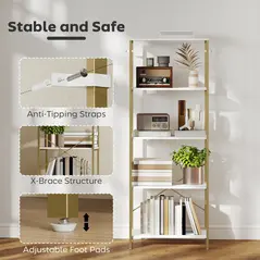 HOMCOM 5-Tier Bookshelf, Modern Bookcase with Metal Frame - White and Gold Tone - 5