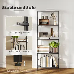 HOMCOM 5-Tier Bookshelf, Industrial Bookcase with Metal Frame - Dark Grey and Black - 5