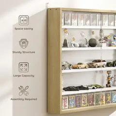 HOMCOM 5-Tier Wall Display Shelf Unit Cabinet w/ 4 Adjustable Shelves Glass Doors Home Office Ornaments 60x80cm Natural - 6