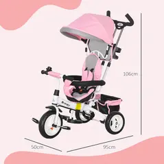 HOMCOM 6 in 1 Kids Trike Push Bike w/ Push Handle, Canopy, 5-point Safety Belt, Storage, Footrest, Brake, for 1-5 Years, Pink - 3