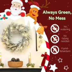 HOMCOM 60cm/ 24inch Flocked Prelit Christmas Wreath - 4