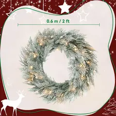 HOMCOM 60cm/ 24inch Flocked Prelit Christmas Wreath - 3