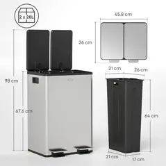 HOMCOM 56L Dual Compartment Stainless Steel Bin, with Deodoriser Holders - Silver Tone - 3