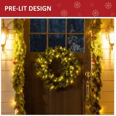 HOMCOM 55CM Pre-lit Christmas Wreath with 50 Warm White LED Ideal Xmas Artificial Door Decoration - 5