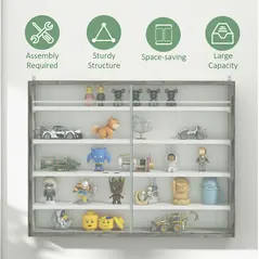 HOMCOM 5-Tier Wall Display Shelf Unit Cabinet w/ 4 Adjustable Shelves Glass Doors Home Office Ornaments 60x80cm Grey Wood Grain - 6