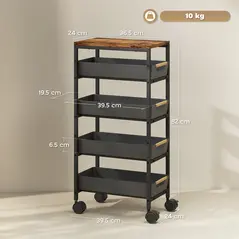 HOMCOM 5-Tier Storage Trolley on Wheels - Black - 3