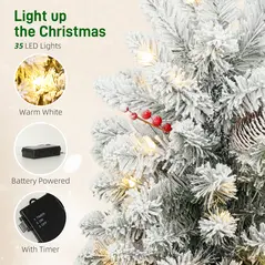 HOMCOM 60 cm Prelit Small Christmas Tree with 35 LED Lights, Snow Flocked Tabletop Mini Xmas Tree with 72 Dense Branches, Pine Cones, Berry Clusters and Linen Cover Base, Battery Operated, Green - 5
