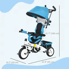 HOMCOM 6 in 1 Kids Trike Push Bike w/ Push Handle, Canopy, 5-point Safety Belt, Storage, Footrest, Brake, for 1-5 Years, Blue - 3