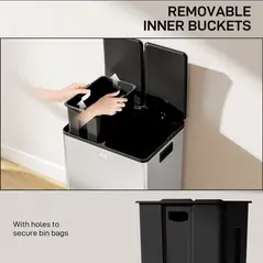 HOMCOM 56L Dual Compartment Stainless Steel Bin, with Deodoriser Holders - Silver Tone - 7