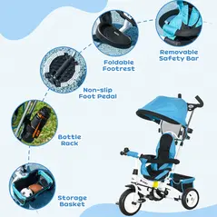 HOMCOM 6 in 1 Kids Trike Push Bike w/ Push Handle, Canopy, 5-point Safety Belt, Storage, Footrest, Brake, for 1-5 Years, Blue - 6