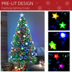 HOMCOM 5FT Prelit Artificial Christmas Tree Fibre Optic Star LED Light Holiday Home Xmas Decoration with LED Light for Indoor Party, Green - 5