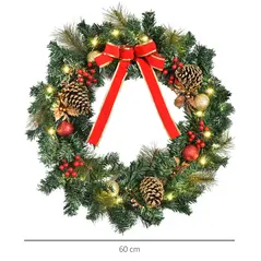 HOMCOM 60cm Pre-Lit Artificial Christmas Door Wreath Holly LED Decor Pine Cones Hanging Glittered Festival Indoor Decoration - 3
