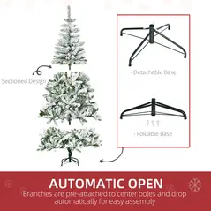 HOMCOM 6 Ft Snow Flocked Artificial Christmas Tree Xmas Pine Tree with Realistic Branches, Auto Open and Steel Base, Green - 6