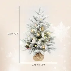 HOMCOM 60 cm Prelit Small Christmas Tree with 35 LED Lights, Snow Flocked Tabletop Mini Xmas Tree with Pine Cones, Berry Clusters and Linen Cover Base, Battery Operated, Green - 3