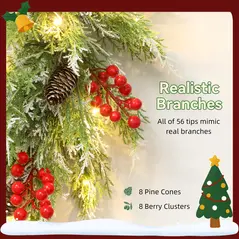 HOMCOM 60 cm Prelit Christmas Wreath, Door Wreath with Realistic Branches, 30 Warm White LEDs, Timer, Battery Operated - 6