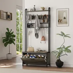 HOMCOM 5-In-1 Industrial-Style Hallway Tree - Grey/Black - 9