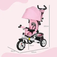 HOMCOM 6 in 1 Kids Trike with Parent Handle, Canopy, 5-point Safety Belt, Storage, Footrest, Brake, for 1-5 Years, Pink - 3