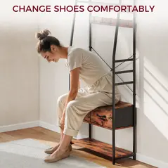 HOMCOM 6-in-1 Industrial-Style Hallway Organiser - Brown/Black - 6