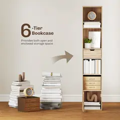 HOMCOM 6-Tier Bookcase, Tall Narrow Bookshelf with Drawer and Door - Natural Wood Finish - 4