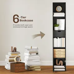 HOMCOM 6-Tier Bookcase, Tall Narrow Bookshelf with Drawer and Door - Black - 4