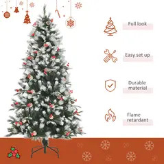 HOMCOM 6FT Artificial Snow Dipped Christmas Tree Xmas Pencil Tree Holiday Home Party Decoration with Foldable Feet Red Berries White Pinecones, Green - 4