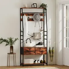 HOMCOM 6-in-1 Industrial-Style Hallway Organiser - Brown/Black - 2