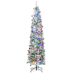 HOMCOM 7.5' Artificial Prelit Christmas Trees Holiday Décor with Colourful LED Lights, Flocked Tips, Berry, Pine Cone - 1