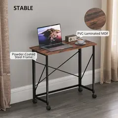 HOMCOM 80 cm Folding Desk on Wheels - Rustic Brown - 6