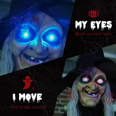 HOMCOM 6ft Outdoor Halloween Decoration Witch, Hanging Witch Prop Life Size with Sound and Motion Activated, Light Up Eyes, Talking Sound, Posable Arms - 5