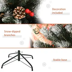 HOMCOM 6FT Artificial Snow Dipped Christmas Tree Xmas Pencil Tree Holiday Home Party Decoration with Foldable Feet Red Berries White Pinecones, Green - 7