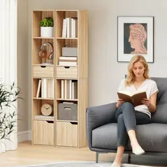 HOMCOM 6-Tier Bookcase, Tall Narrow Bookshelf with Drawer and Door - Natural Wood Finish - 7