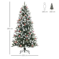 HOMCOM 6FT Artificial Snow Dipped Christmas Tree Xmas Pencil Tree Holiday Home Party Decoration with Foldable Feet Red Berries White Pinecones, Green - 3
