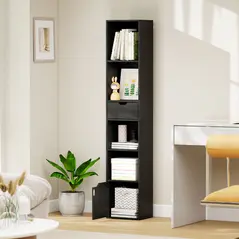 HOMCOM 6-Tier Bookcase, Tall Narrow Bookshelf with Drawer and Door - Black - 9