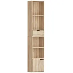 HOMCOM 6-Tier Bookcase, Tall Narrow Bookshelf with Drawer and Door - Natural Wood Finish - 1
