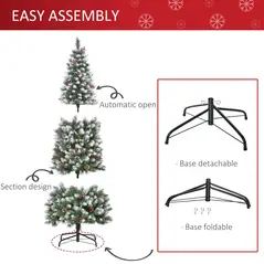 HOMCOM 6FT Artificial Christmas Tree Xmas Pencil Tree with Red Berries and Pinecones Holiday Home Indoor Decoration with Foldable Feet, Green - 6