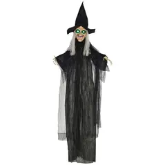 HOMCOM 6ft Outdoor Halloween Decoration Witch, Hanging Witch Prop Life Size with Sound and Motion Activated, Light Up Eyes, Talking Sound, Posable Arms - 1