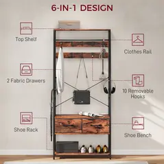 HOMCOM 6-in-1 Industrial-Style Hallway Organiser - Brown/Black - 4