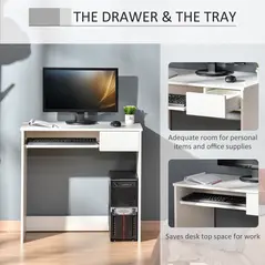 HOMCOM 80cm Compact Computer Desk with Keyboard Tray, Home Office Desk with Drawer for Bedroom Study, White - 4