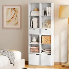 HOMCOM 6-Tier Bookcase, Tall Narrow Bookshelf with Drawer and Door - White - 8