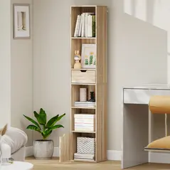 HOMCOM 6-Tier Bookcase, Tall Narrow Bookshelf with Drawer and Door - Natural Wood Finish - 9