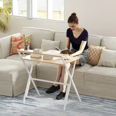 HOMCOM 81.5 cm Folding Computer Desk with Monitor Shelf - Natural Wood Finish - 9