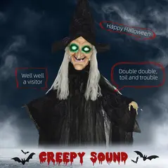 HOMCOM 6ft Outdoor Halloween Decoration Witch, Hanging Witch Prop Life Size with Sound and Motion Activated, Light Up Eyes, Talking Sound, Posable Arms - 4