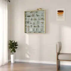 HOMCOM 7-Tier Wall Display Shelf Unit Cabinet w/ 6 Adjustable Shelves Glass Doors Home Office Ornaments 83x80cm, Oak - 8