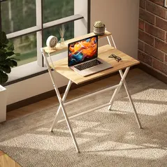 HOMCOM 81.5 cm Folding Computer Desk with Monitor Shelf - Natural Wood Finish - 8