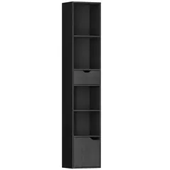 HOMCOM 6-Tier Bookcase, Tall Narrow Bookshelf with Drawer and Door - Black - 1