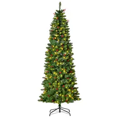 HOMCOM 7FT Prelit Artificial Pencil Christmas Tree with Warm White LED Light, Red Berry, Holiday Home Xmas Decoration, Green - 1