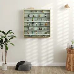 HOMCOM 7-Tier Wall Display Shelf Unit Cabinet w/ 6 Adjustable Shelves Glass Doors Home Office Ornaments 83x80cm, Oak - 9