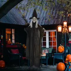 HOMCOM 6ft Outdoor Halloween Decoration Witch, Hanging Witch Prop Life Size with Sound and Motion Activated, Light Up Eyes, Talking Sound, Posable Arms - 2